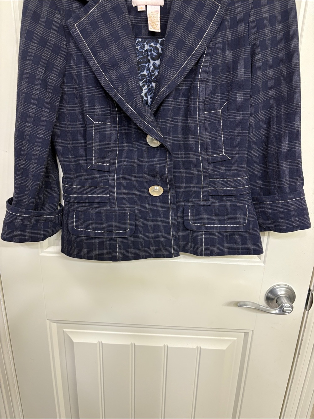Tracy Reese Navy Plaid Tailored Blazer with Contrast Stitching - Picture 5 of 12